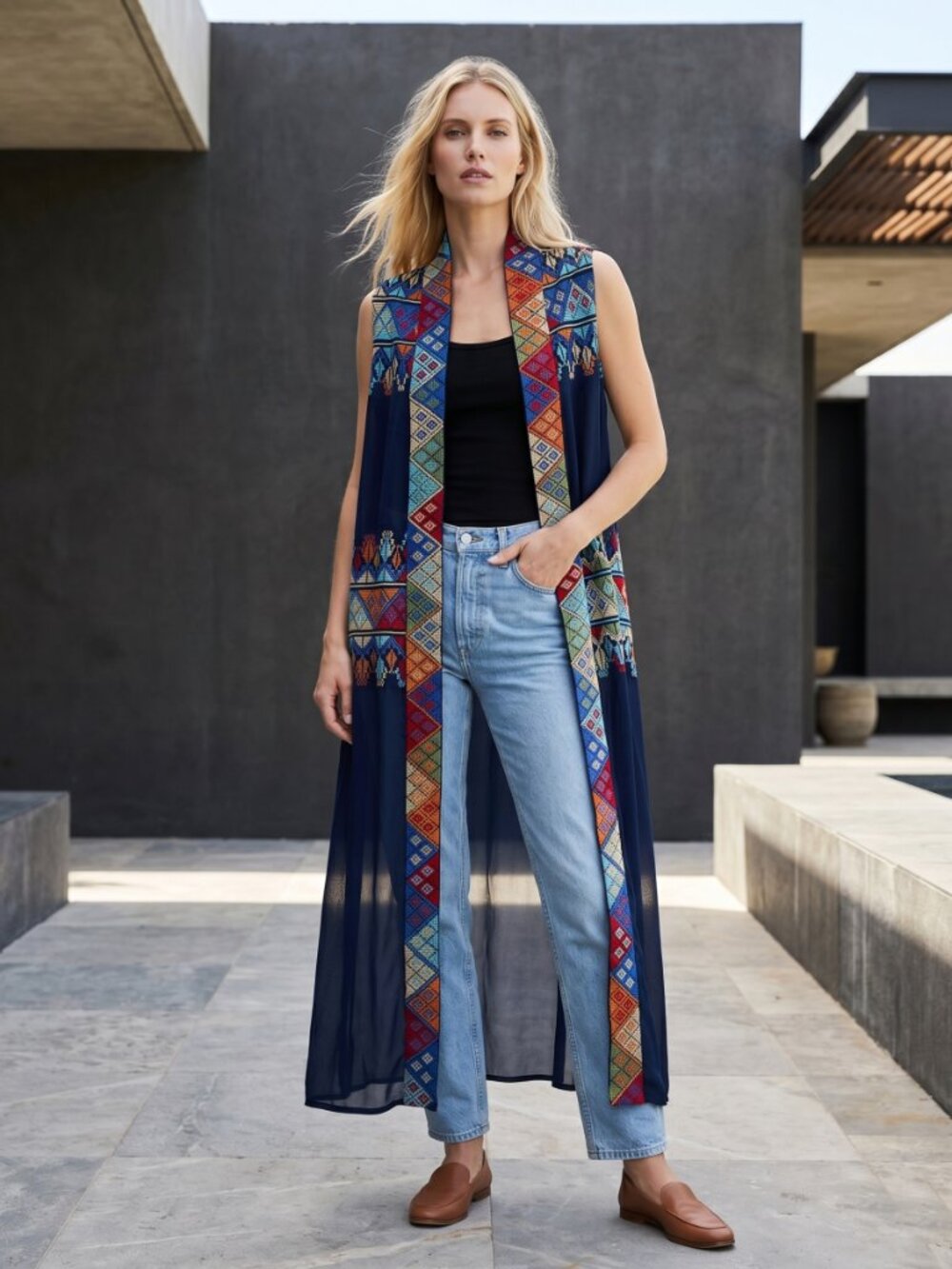 Vintage Sheer Embroidered Long Vest Navy Boho M/L